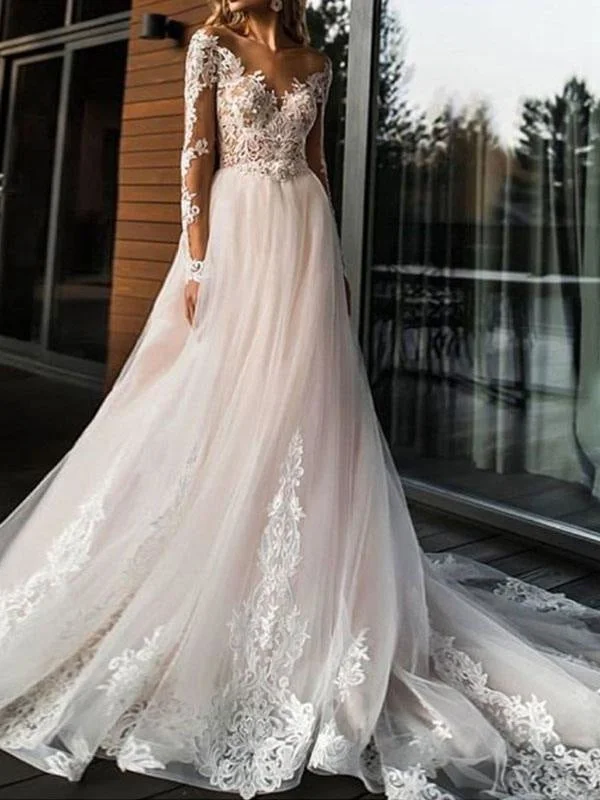 Wedding Dresses 2021 A Line V Neck Long Sleeve Lace Applique Tulle Bridal Gowns With Chapel Train