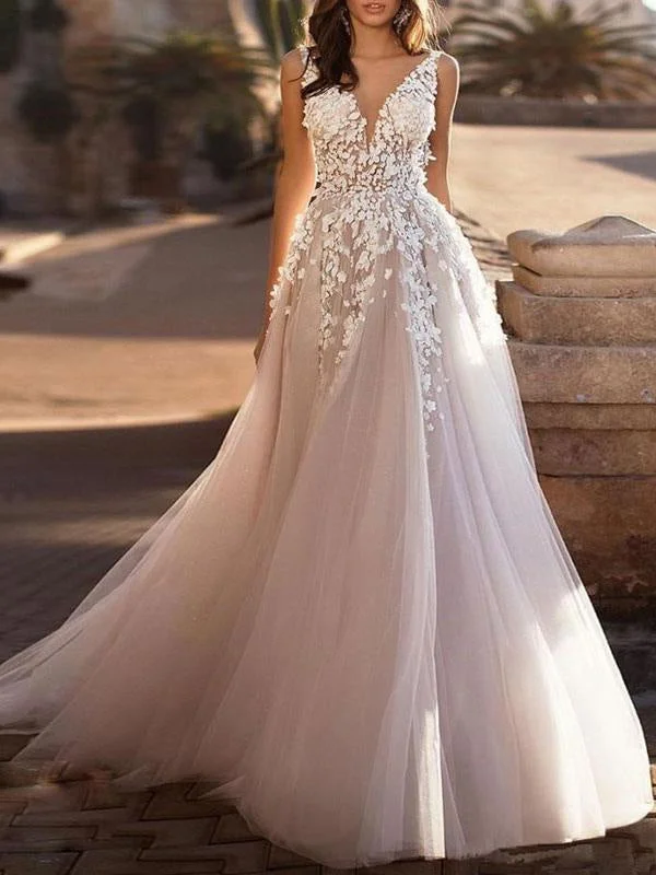 Wedding Dresses 2021 Tulle Deep V Neck A Line Sleeveless Multilayer Tulle Lace Applique Classic Bridal Gowns With Train