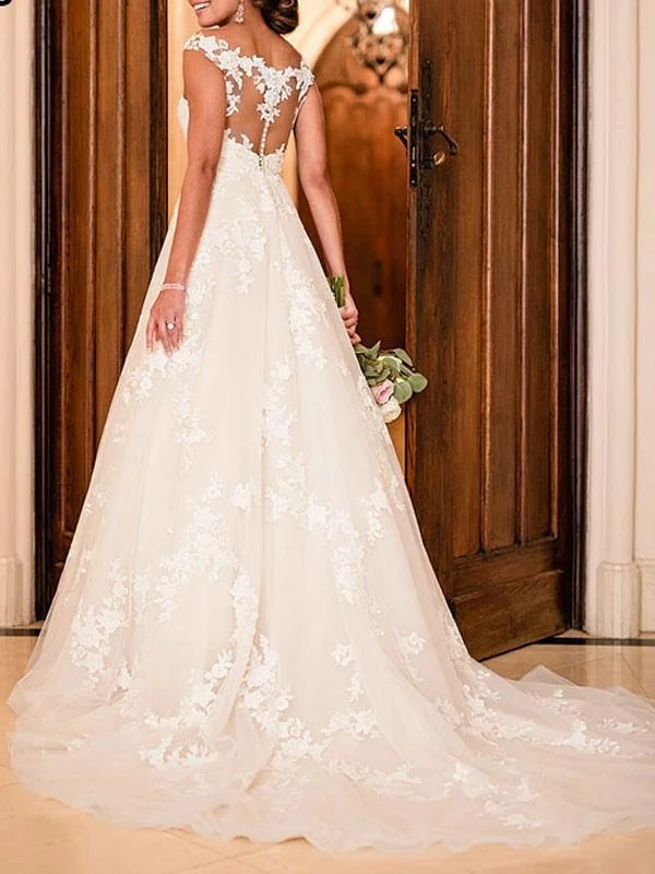 Wedding Dresses A Line V Neck Sleeveless Lace Illusion Back Bridal Gowns