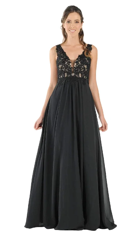 Poly USA - 8012 Embellished Lace Deep V-Neck Chiffon A-Line Dress