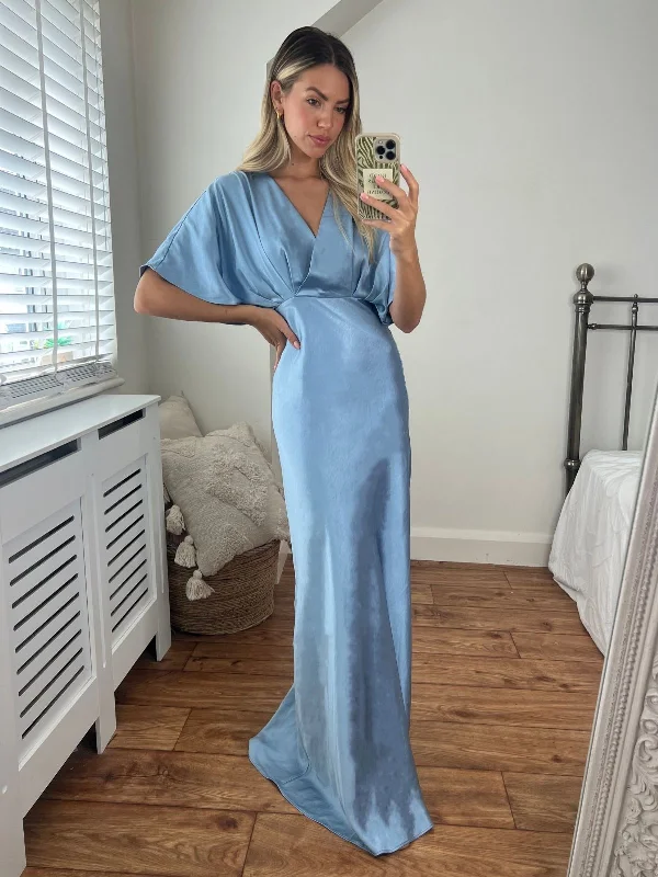 Angel Sleeve Maxi Satin Dress / Slate Blue