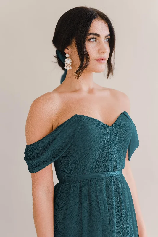 Bardot Bridesmaid Dress In Emerald Tulle