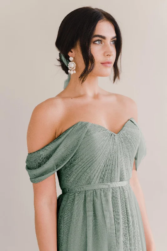 Bardot Bridesmaid Dress In Sage Tulle