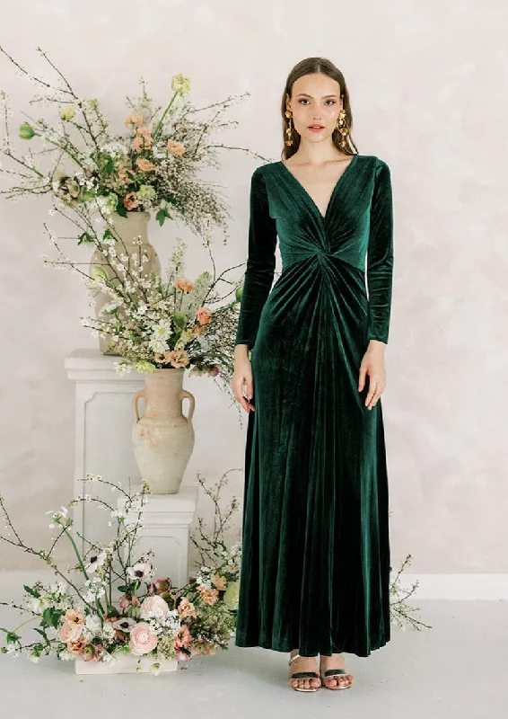 Camilla Long Sleeve Velvet Bridesmaid Dress In Hunter Green