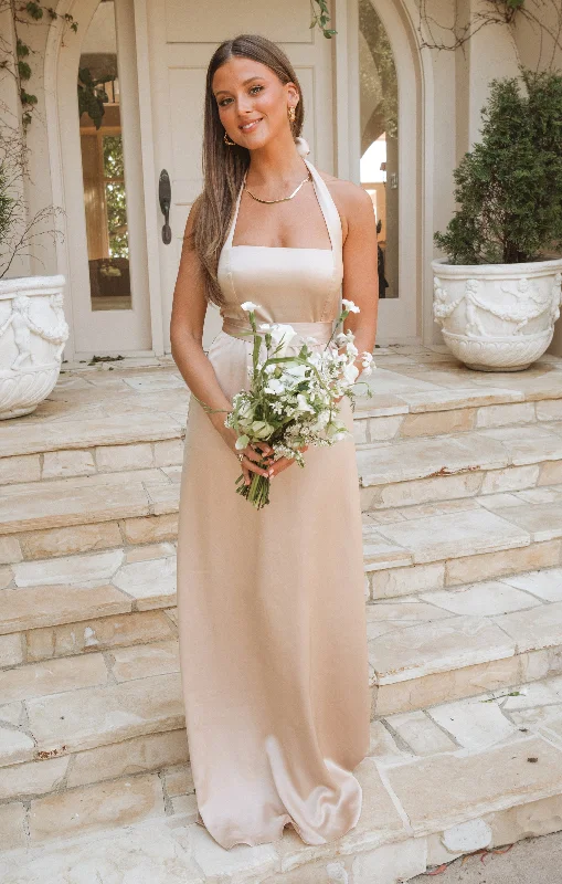 Hazel Halter Maxi Dress ~ Champagne Luxe Satin