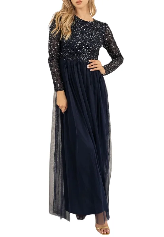 Dark Navy Long Sleeves Shiny Sequins Maxi Dress