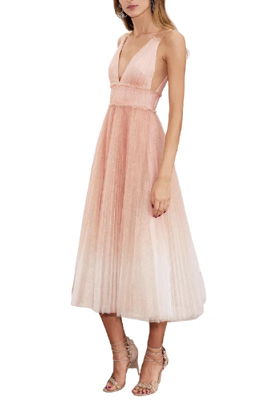 Pink Sleeveless Ombre Pleated Tulle Midi Tea Dress