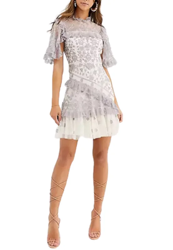 Floral Embroidered with Lilac Ruffles Mini Dress