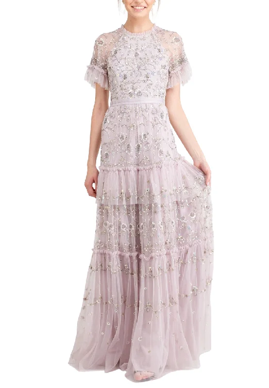 Lilac Grey Constellation Sequins Embellished Tulle Gown