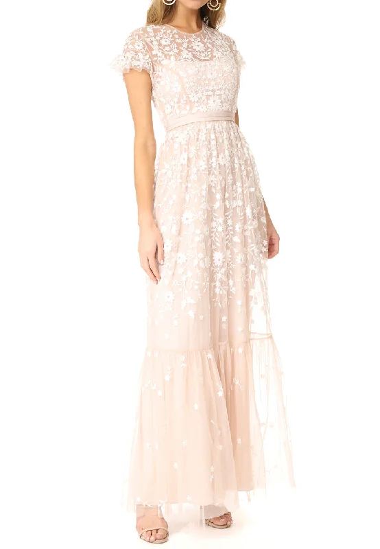 Nude Meadow Floral Embroidered Tulle Gown