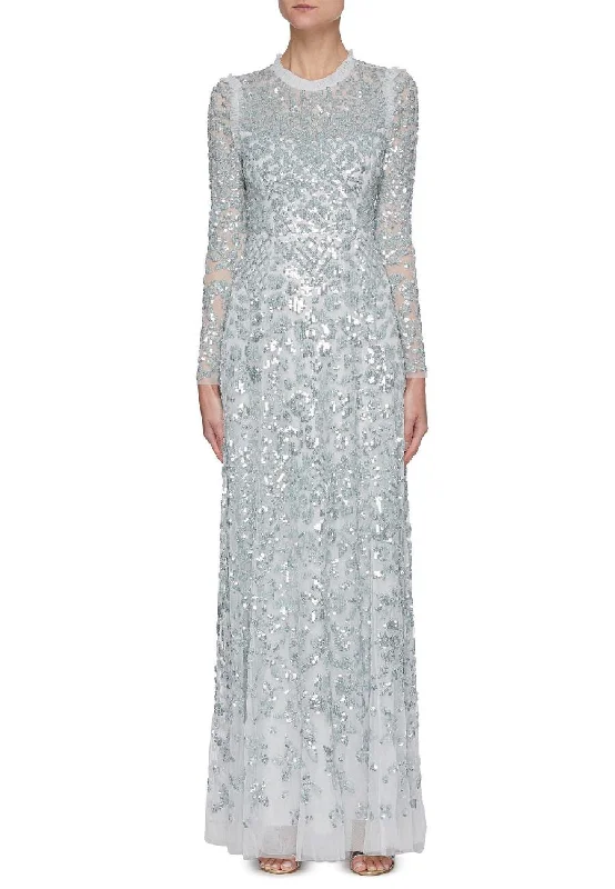 Silvery Blue Amaryllis Long Sleeves Embellished Gown (UK 10)