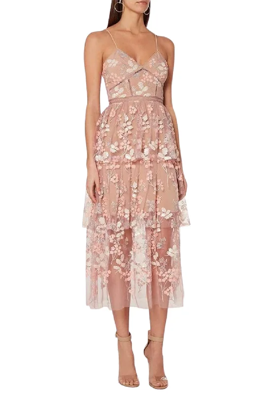 Nude Flower Mesh Tiered Midi Dress