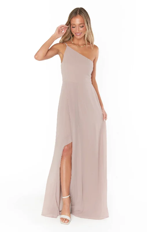 Shannon One Shoulder Dress ~ Soft Beige Chiffon