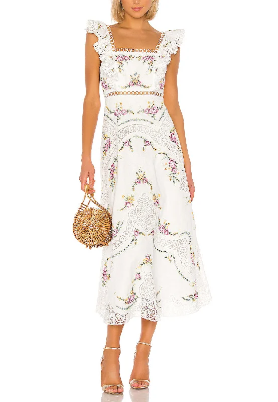 White Allia Cross Stitch Floral Print Midi Dress